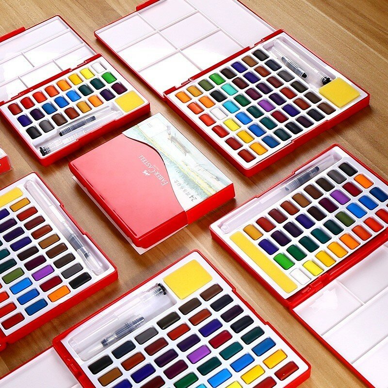 Faber-castell 24/36/48 색상 단색 수채화 그림 세트 물 브러쉬 밝은 색상 휴대용 수채화 안료 선물 상자