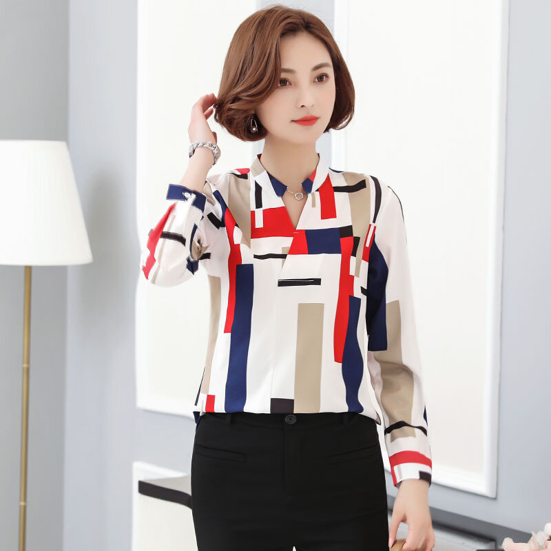 Chiffon Women Blouse Long Sleeve V-collar Slim Spring Autumn New Korean Plaid Shirt Office Ladies Bottom Work Top Clothes H9032
