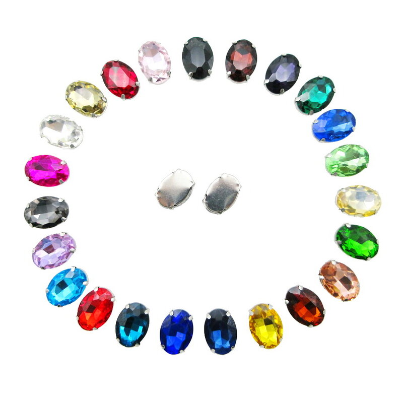Strass de vidro cristal de glitter 7 tamanhos e 25 cores, garra de prata em forma oval para costura em strass, saco de casamento, decoração de sapatos
