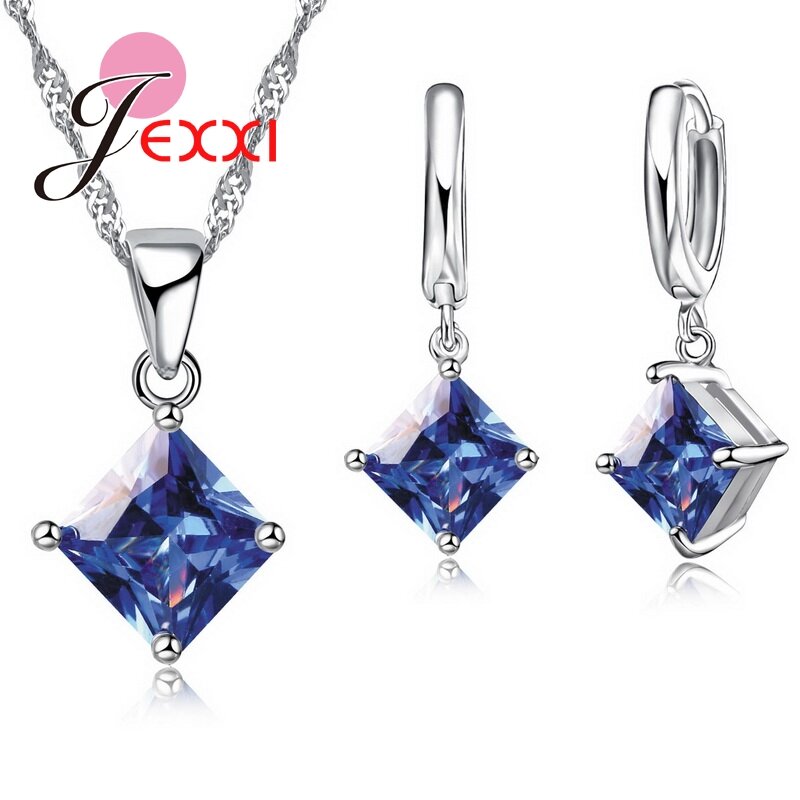 Conjunto de collar y pendientes de plata de ley 925 para mujer, conjunto de joyería de cristal cuadrado claro, colgante bonito, 8 colores