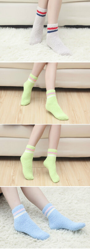 6 пара/лот носки Anyongzu контрастный цвет утолщение зима половина бархатные носки, коралловый кашемир полосатый пол два сна носки