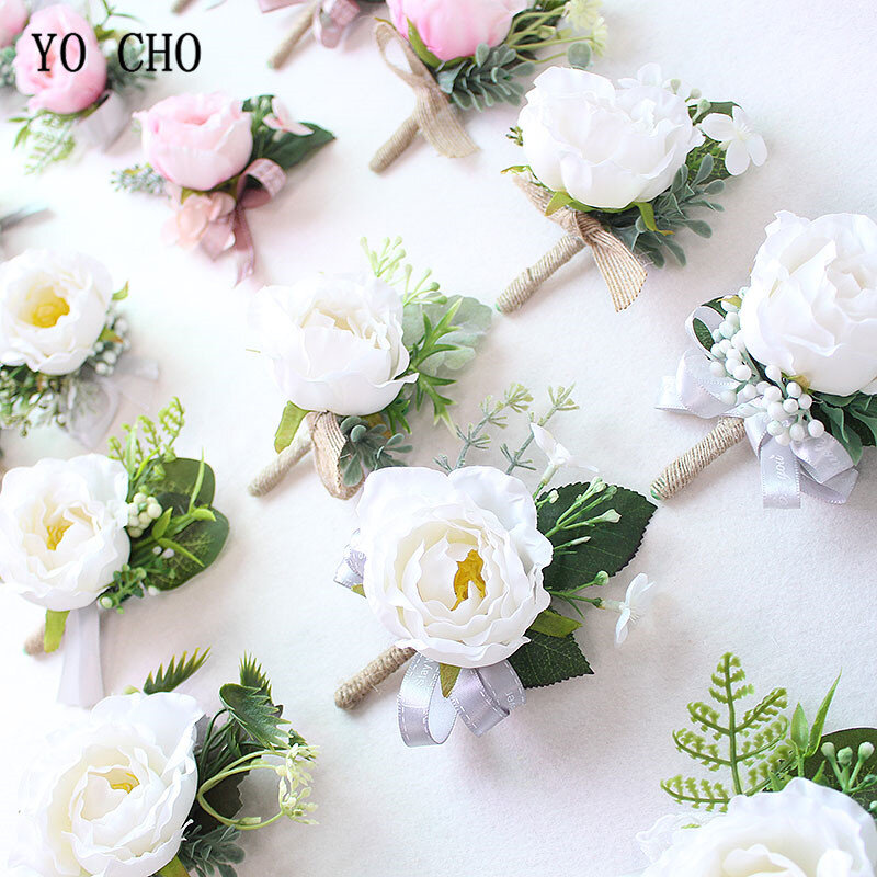YO CHO-Silk Rosas Boutonnieres, Corsages casamento branco e rosa, Flor do noivo Boutonnieres, Casamento e Prom broche pinos