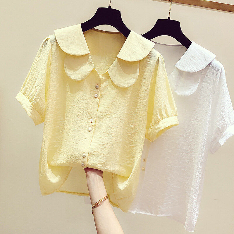 قميص نسائي قصير الأكمام بياقة بيتر بان ، ملابس ترفيهية كورية ، لون نقي ، مجموعة صيفية جديدة ، H9096