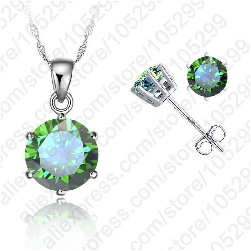 Classic 8 Colors Cubic Zirconia Genuine 925 Silver Needle Jewelry Sets  6 Claws Stud Earring Pendant Necklace 18"  Chain