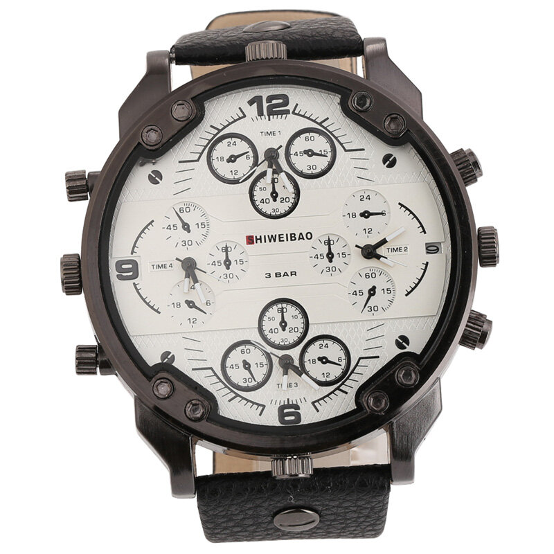 Shiweibao Cool Luxuryนาฬิกาควอตซ์ชายสี่โซนเวลาทหารนาฬิกาข้อมือหนังRelojes Hombre