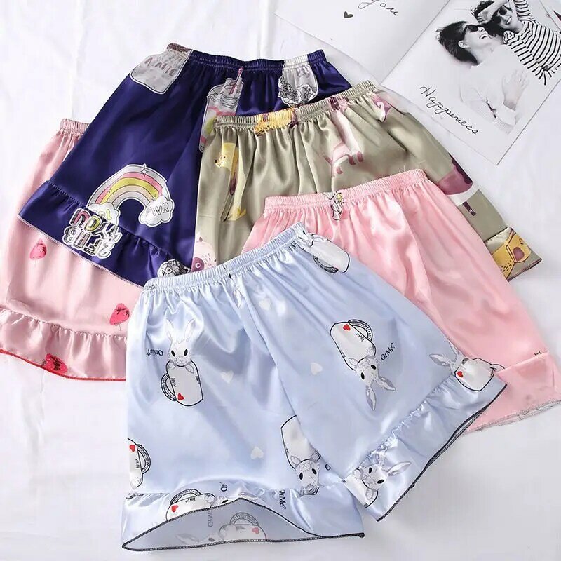Women Summer Thin Section Elastic Waist Loose Casual Cute Cartoon Print Anti-light Silk Pajama Comfortable Sleep Shorts M-XL!