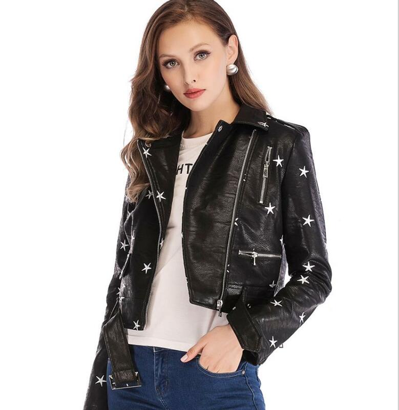 Модный бренд, Короткие стильные Куртки из искусственной кожи с вышивкой в виде звезд, женская элегантная черная кожаная куртка с длинным рукавом wq670