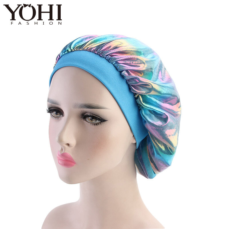 Новая женская разноцветная яркая сатиновая эластичная Ночная шапочка с широкими боками, шапочка для химической завивки, шапочка для химиотерапии, шапочка для ванны