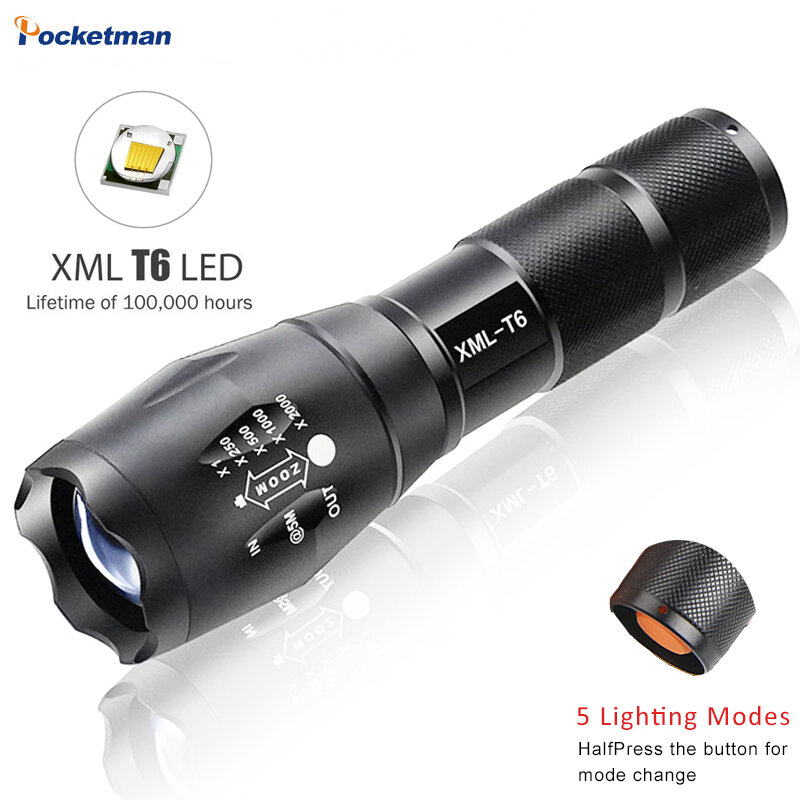 LED Flashlight 3800lumen xm-t6 zoomable led torch for 18650/AAA black Waterproof linterna led flashlights for Camping