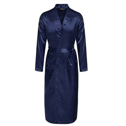 Bata de seda de rayón azul marino para hombre, ropa de dormir informal, Kimono Yukata con cuello en V, talla S, M, L, XL, XXL