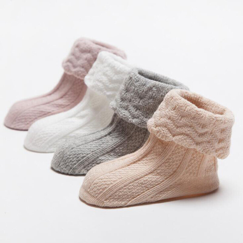 Chaussettes antidérapantes en coton pour bébé, nouvelle collection automne et hiver, couleur unie, en dentelle à double aiguille