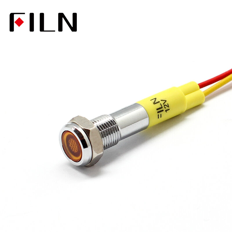 Мини-сигнальная лампа filn, 6 мм, 12 В, светодиодный металлический индикатор, плоская, красная, желтая, с кабелем 20 см