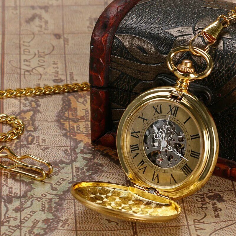 Luxury Golden Shield Automatic Mechanical Skeleton Retro Roman Numberal Pocket Watch Pendant Chain Clock Analog Self Wind Watch