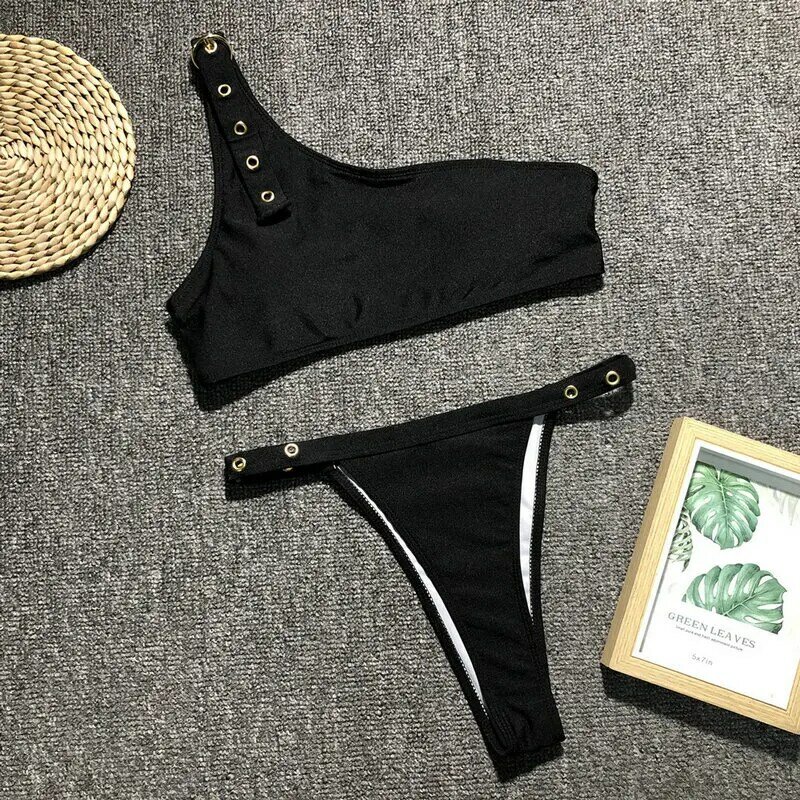 Sexy One Shoulder Bikini High Waist Thong Swimsuit Black 2019 Bathing Suit Women Bandage Brazilian Bikini Push Up Swimwear Women