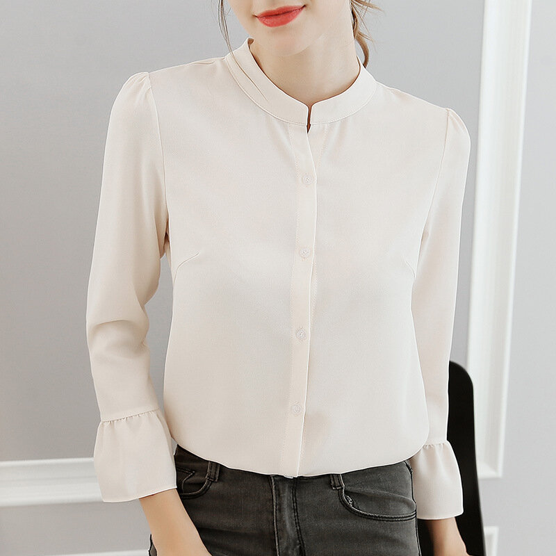 Nueva camisa de chifón de primavera y verano de mujer de moda de manga larga de Color puro de oficina blusas de mujer de ocio Delgado camisetas Top H9115
