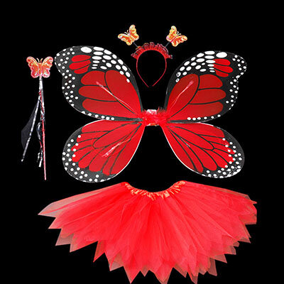 4 Buah Sayap Kupu-kupu Bersinar + Tongkat + Ikat Kepala + Rok Tutu Natal Kostum Cosplay Halloween untuk Peri Perempuan Anak-anak 13 Warna