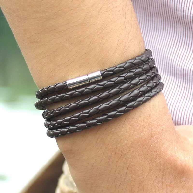XQNI-pulsera larga de cuero con 5 vueltas para hombre, brazalete con eslabones de cadena, color negro, estilo retro, a la moda