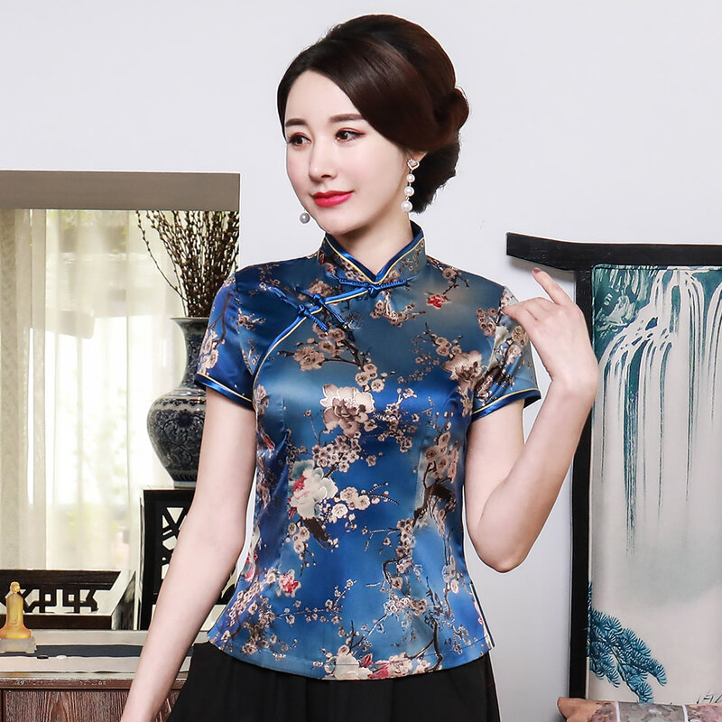 Chinesische Frauen Druck Bluse Plus Größe 3XL 4XL Elegante Weibliche Tang Top Kurzarm Vintage Shirt Mandarin Kragen Tops A0101