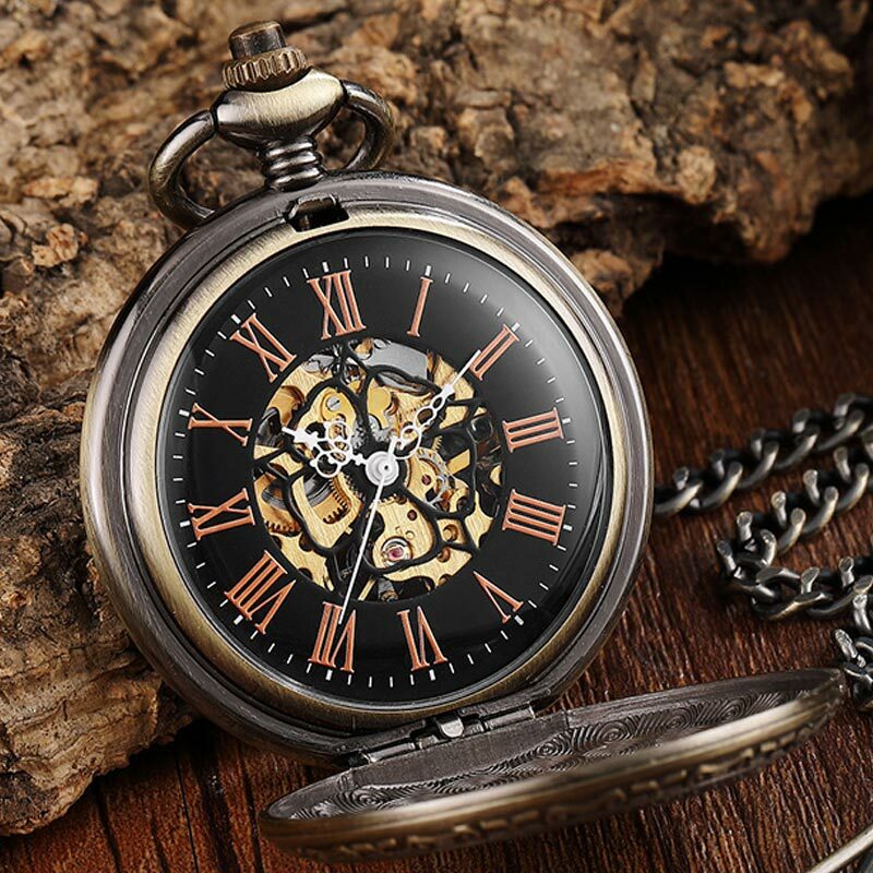 穴のある銅製ペンダント付きヴィンテージ懐中時計,レトロなスケルトン,ローマ数字,チェーン付き