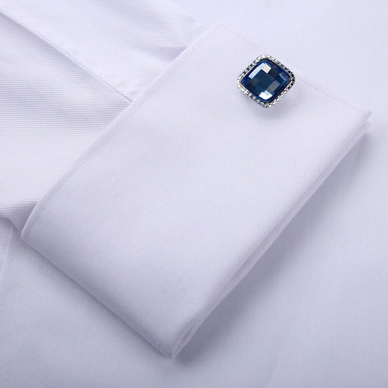 Camisa de vestir clásica con botones ocultos para hombre, camisa blanca Formal de negocios de manga larga, de ajuste estándar, con gemelos incluidos