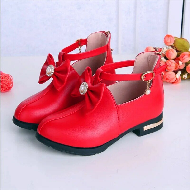 Children Party Leather Shoes Girls PU Low Heel Bows Diamond Kids Shoes For Girls Single Shoes Dance Dress shoes Black Red Pink
