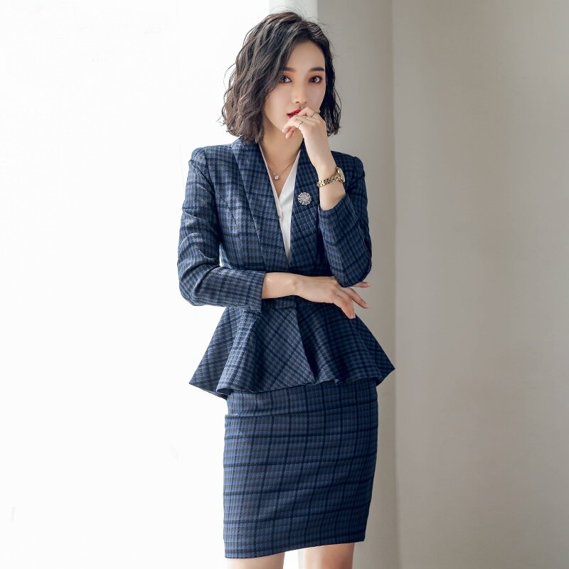 Женский клетчатый костюм, деловой костюм для офиса, дизайнерская мини-юбка с разрезом, модель DD2082, костюмы для собеседования