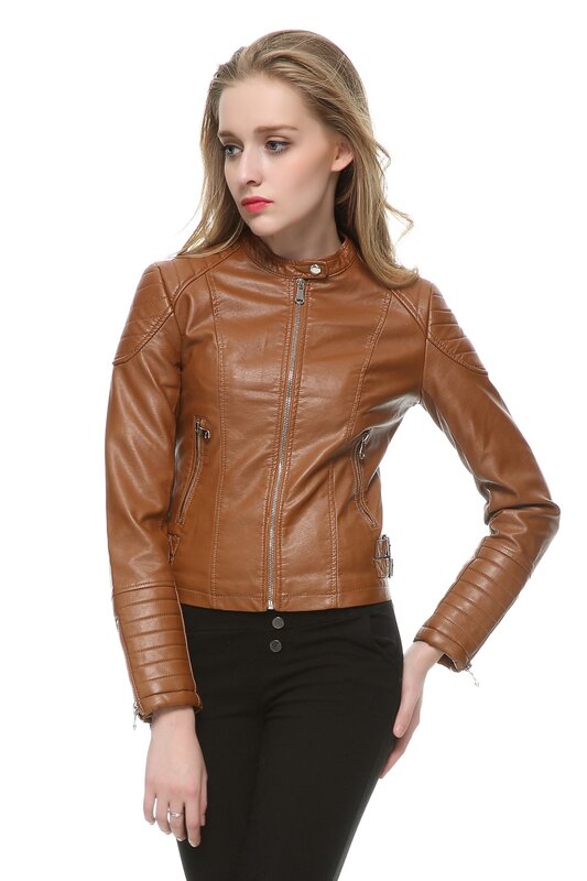 Blouson en cuir marron pour femme, 5 couleurs, nouvelle collection hiver-automne 2021