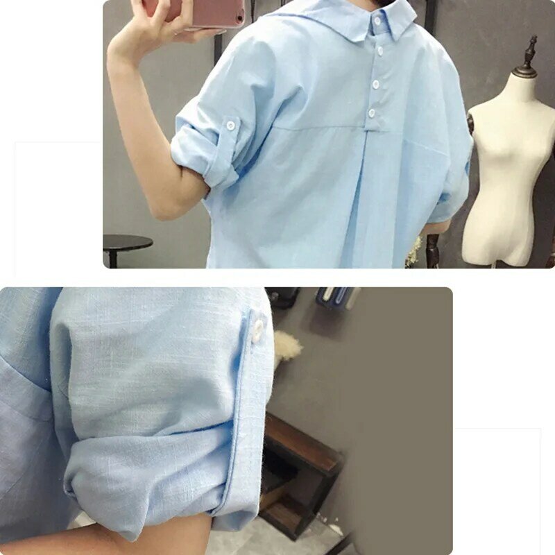 Blusa holgada de lino para mujer, camisa informal de manga larga, color azul, para primavera y verano