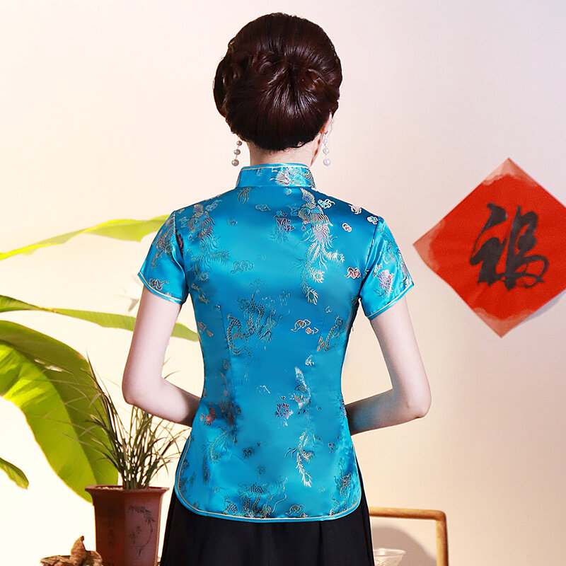 Dragão phoenix chinês nacional feminino blusa nova casual verão camisa de manga curta topos tradicional gola mandarim roupas