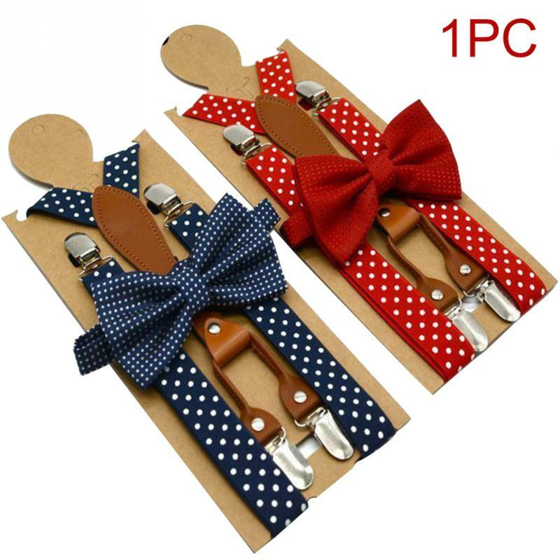 1 pcs Polka Dot Bow Tie Suspenders for Men Women 4 Clip Leather Adult Bowtie Braces for Trousers Navy Red
