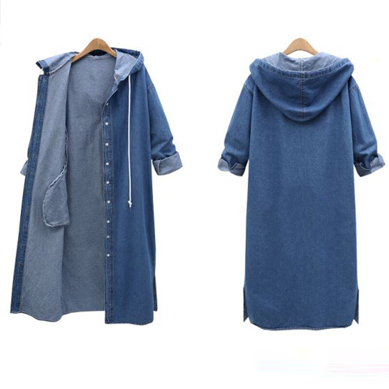 2020 Femael Fashion Loose Long Jeans Sleeve Hooded Denim Jacket Coat Ladies Casual Buttons Long Jean Coat Cardigan Outwear Tops