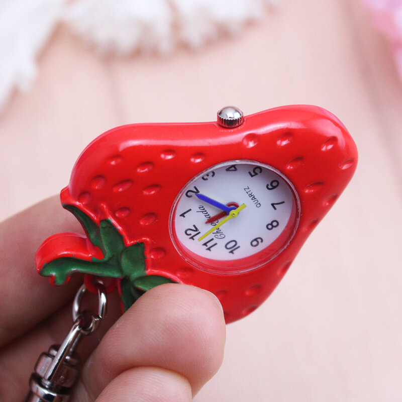2024 girls women cartoon pocket necklace quartz watches creative key chains lovely personality red strawberry electronic watch