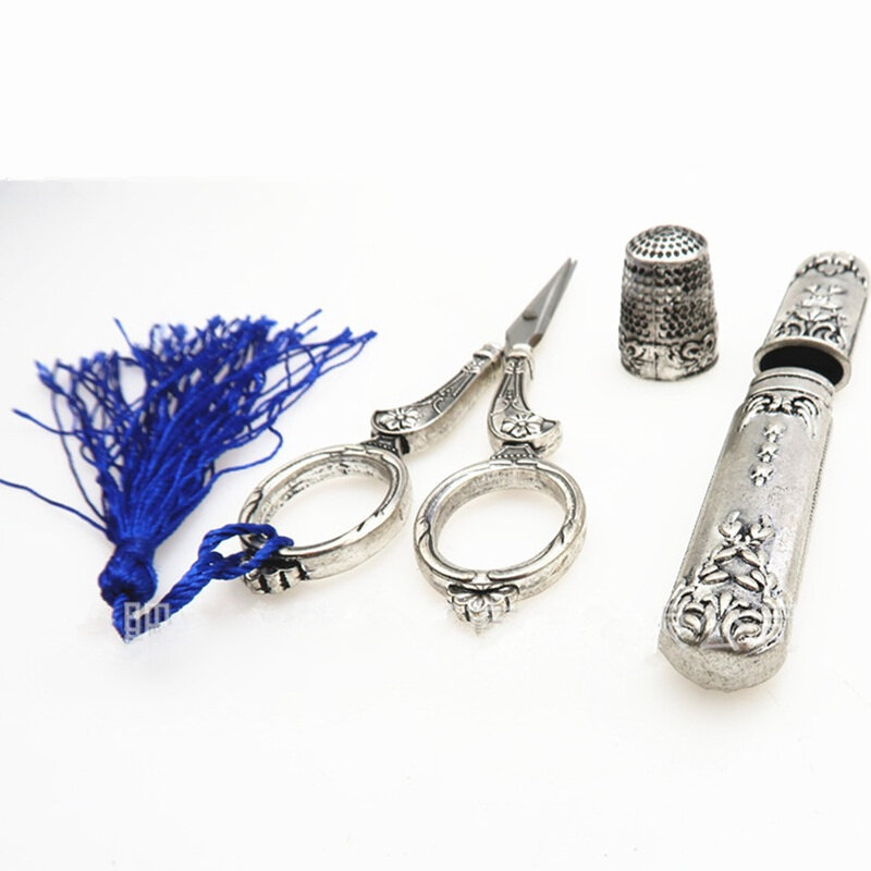Euro vintage profissional kit tesoura de alfaiate dedal caso agulha conjunto costura bordado cruz stich tesouras cortador doméstico ferramenta