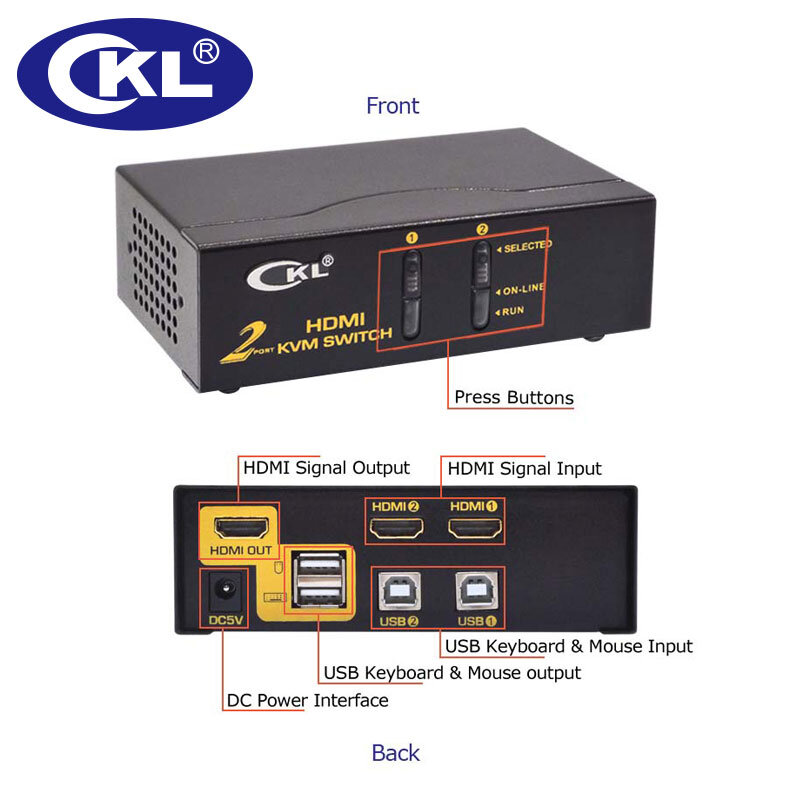 Przełącznik KVM HDMI 2 Port, klawiatury myszy wideo Switcher dla komputer Laptop serwera DVR 1080 P CKL-92H