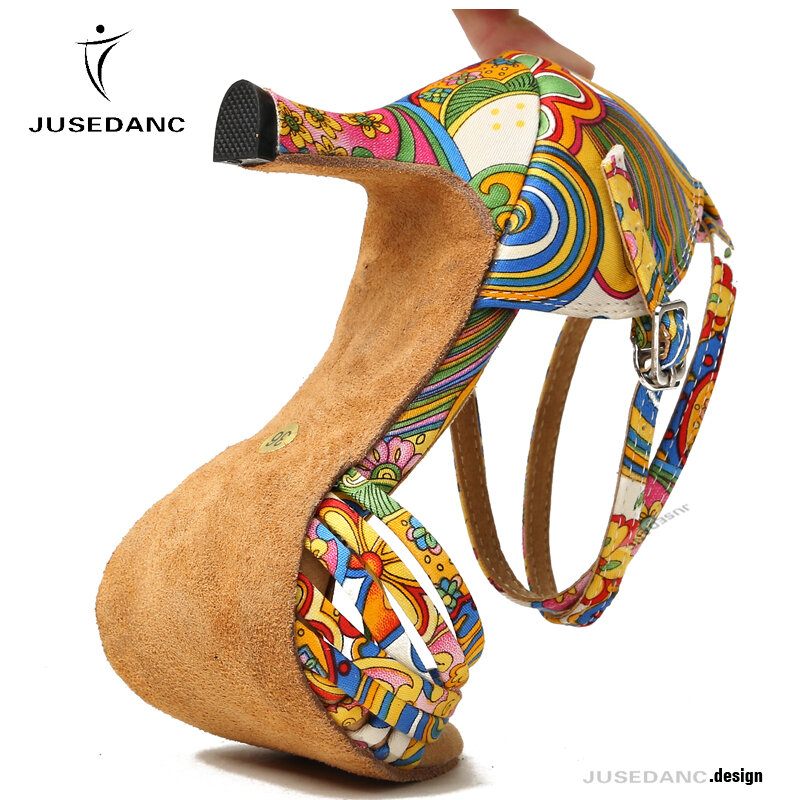 Latin dance shoes flower ballroom shoes middle heel Salsa square shoes cross straps scarpe da ballo donna JuseDanc