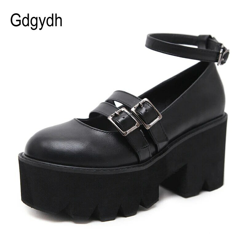 Sapatos góticos Gdgydh com plataforma e fivela para mulheres, sapatos confortáveis com alça de tornozelo, saltos altos e grossos, estilo punk, moda