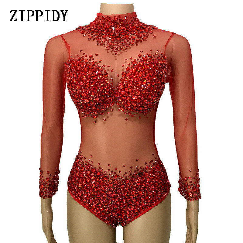 4 Colors Crystals Mesh Bodysuit Big Stones Stage Wear Female Singer Leotard Women's Evening Party Wear Sexy Perspective Outfit