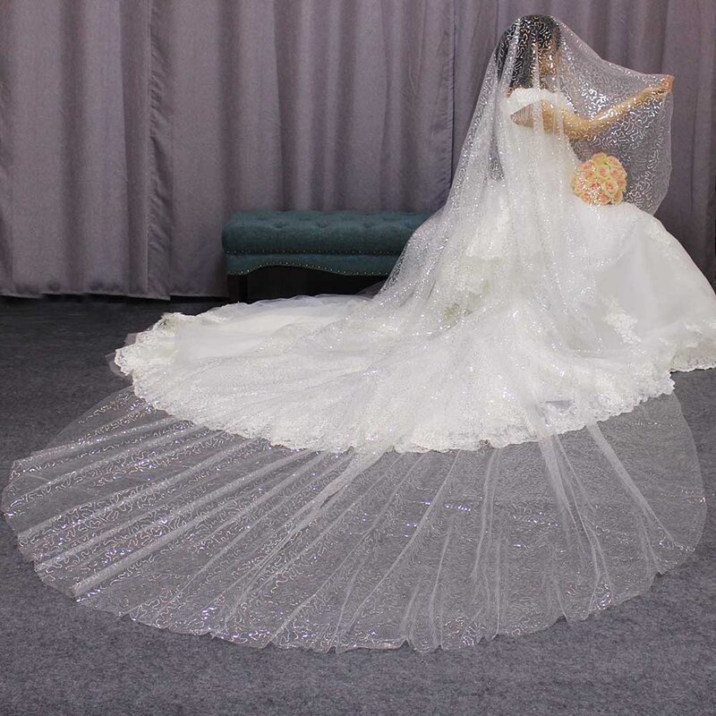 Velo de novia brillante con lentejuelas de 4 M de largo, una capa de lentejuelas plateadas, tul de marfil, sin peine, 2019