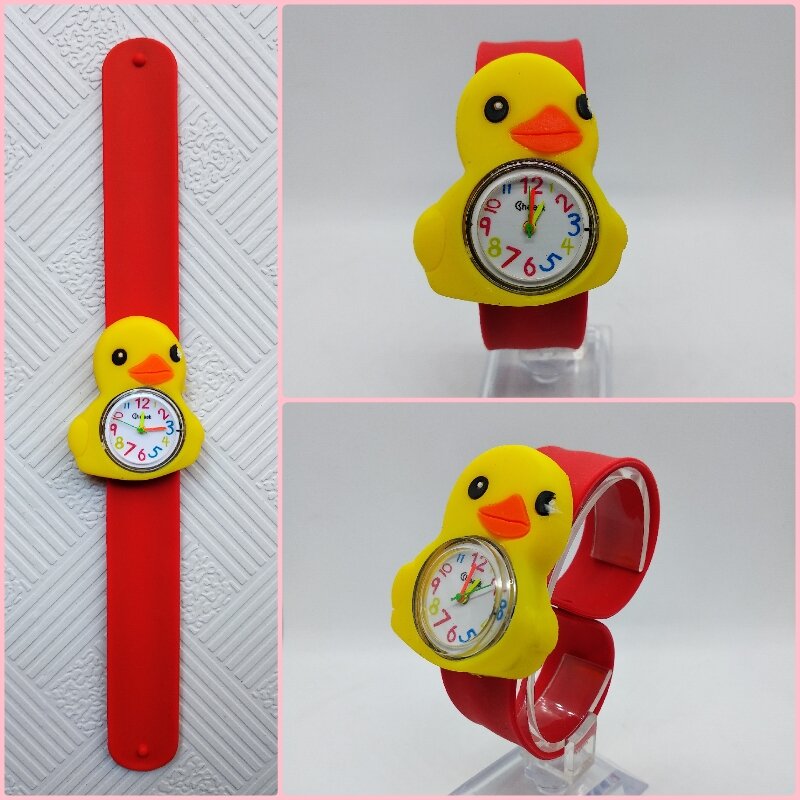 Reloj con cinta de silicona para niños, pulsera con dibujos de pato amarillo, para estudiantes y niños