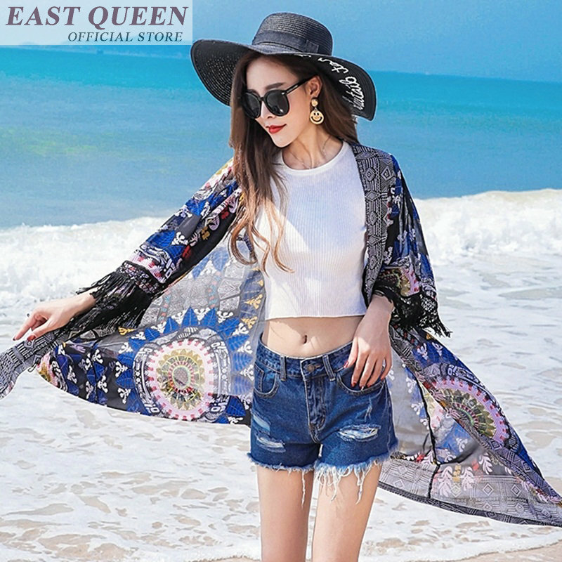 Bohemian phụ nữ dài áo hot bán bãi biển voan tassel floral print v-cổ ba phần tư cánh dơi tay áo sơ mi nữ DD709 L