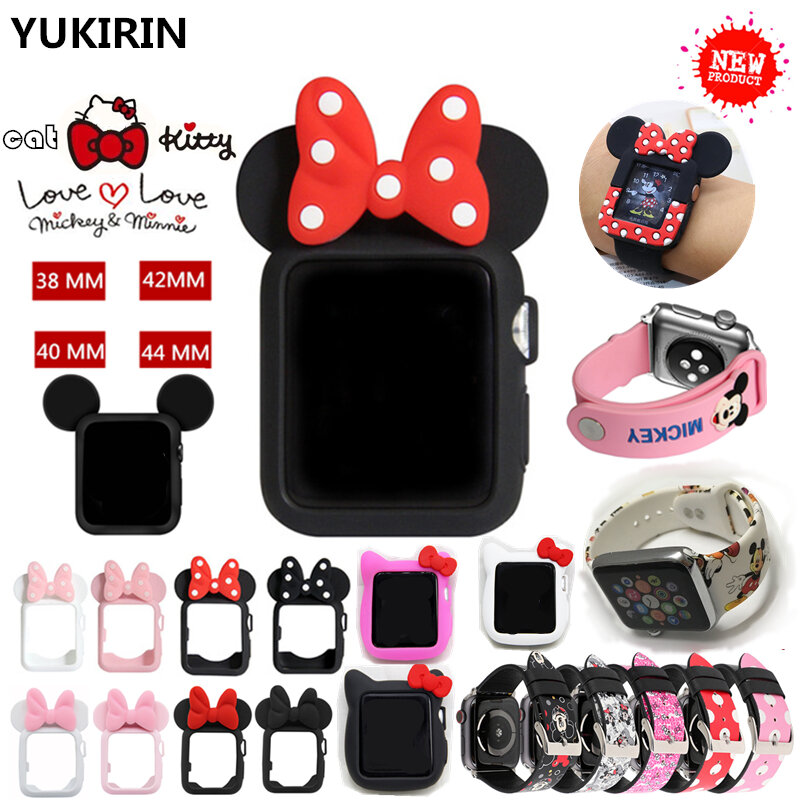 Yukirin 귀여운 미니 미키 스티치 실리콘 케이스 애플 시계 시리즈 4 3 2 1 가죽 밴드 iwatch 38 42 40 44mm kid girl