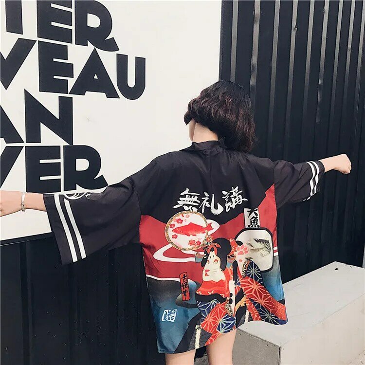 Harajuku แฟชั่นสาวเสื้อฤดูร้อน Vintage Streetwear Kimono Kawaii Cardigan ป้องกันดวงอาทิตย์เสื้อ Cover Up ครีมกันแดด Tops