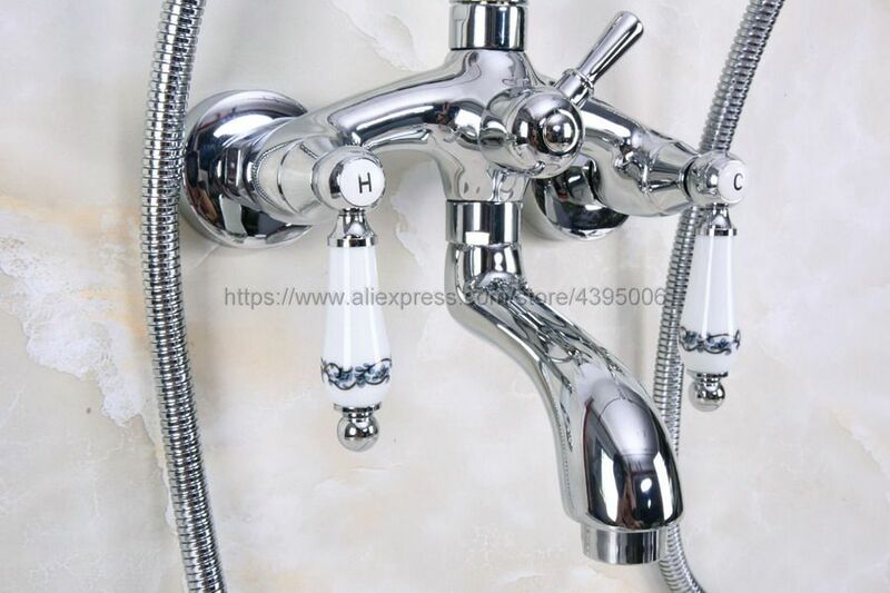 Polished Chrome łazienka Clawfoot bateria do wanny z mosiądzu prysznic ręczny głowica prysznicowa zimnej ciepłej wody kran mikser dotknij Bna246