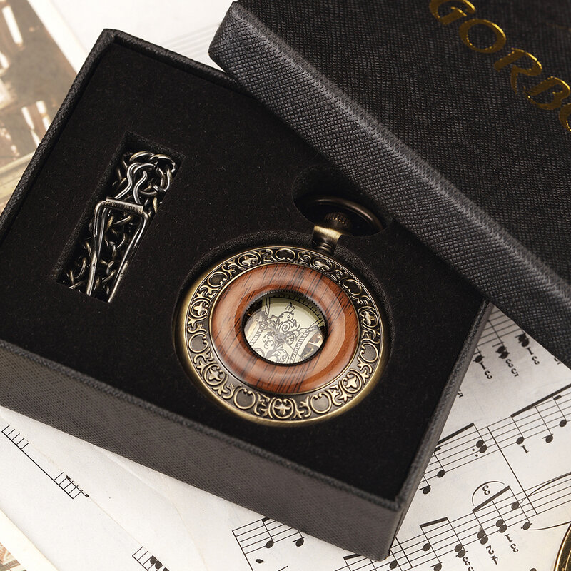 Reloj de bolsillo mecánico Vintage para hombres y mujeres, cadena FOB, madera maciza, esqueleto Steampunk hueco, reloj de mano