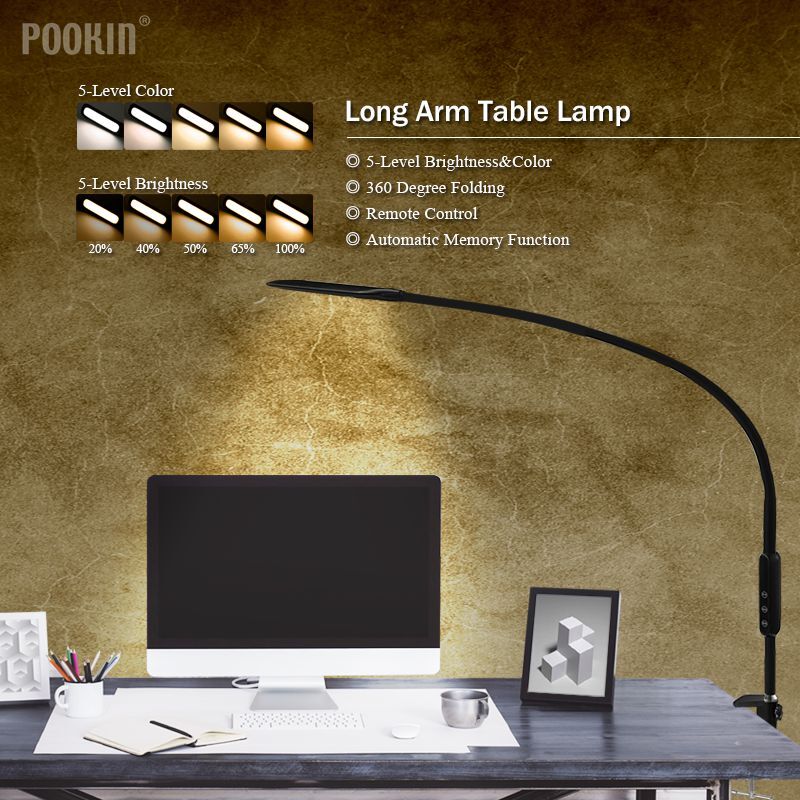 Lámpara LED de mesa de brazo largo para oficina con control remoto, con clip, lámpara de escritorio, protección ocular, para dormitorio, 5 niveles de brillo y color