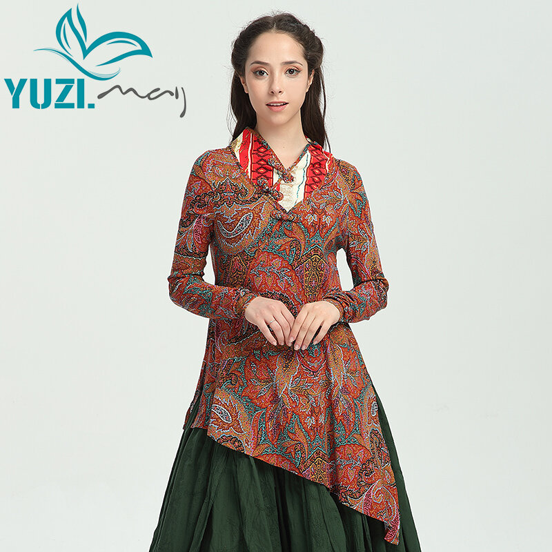 Wanita Blus 2017 Yuzi. nay Boho New Cotton-Linen Blusas Floral Print Berdiri Kerah Katak Simpul Asimetris Blouse Kemeja B9157