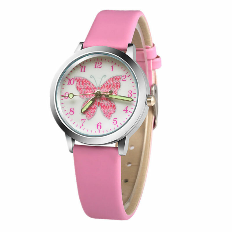 Leuke Roze Vlinder Cartoon Kind Horloge Meisje Verjaardagscadeau Klok Blauw Jongen Sport Quartz Klok Leer Horloge Relojes