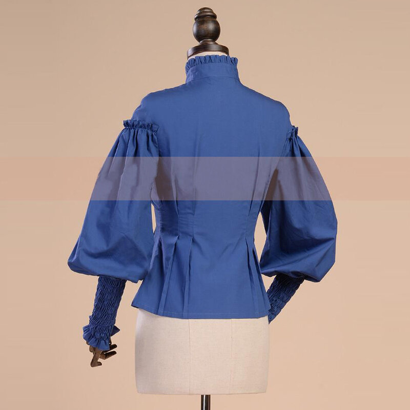 Blusa informal de algodón con manga de cordero para primavera y verano, blusa gótica Vintage ajustada para mujer, color blanco y azul