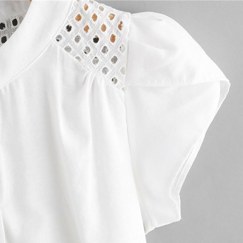 Женская белая блузка с круглым вырезом, Повседневная Блузка с коротким рукавом-бабочкой, Женские топы и блузки