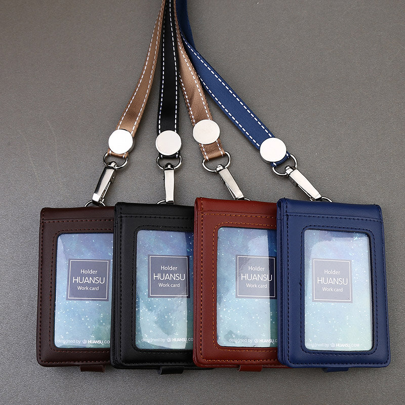 Nahoo Leather Name Badge Holders Double Transparent ID Card Holder Business Card Holder Name Tag Id Card Lanyard Retractabl